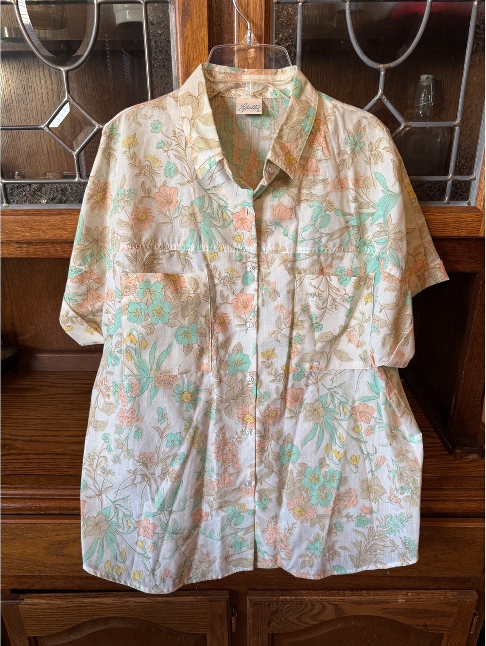 Vintage Pykettes Floral Button Up Blouse Women’s Size L Cottagecore Short Sleeve